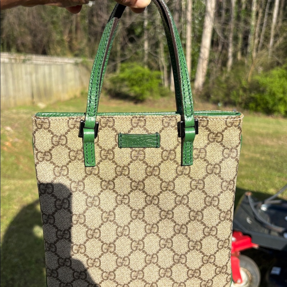 AUTHENIC Gucci Brown Monogram Tote with Green Leather Handles